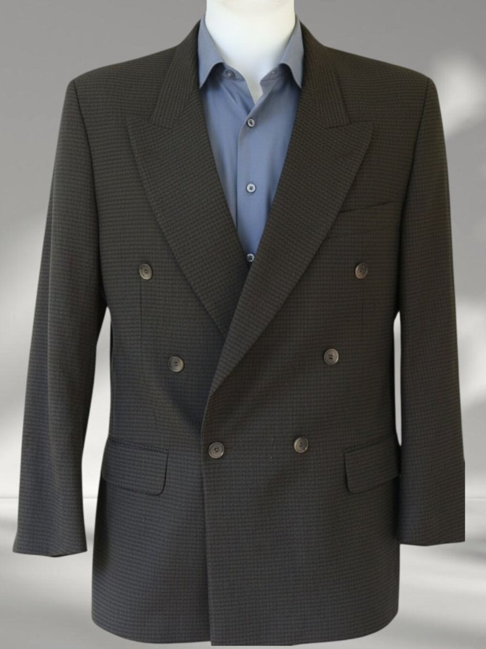Mens 40R Slate Blue Brown Wool Micro Check Double Breasted Blazer J Riggins